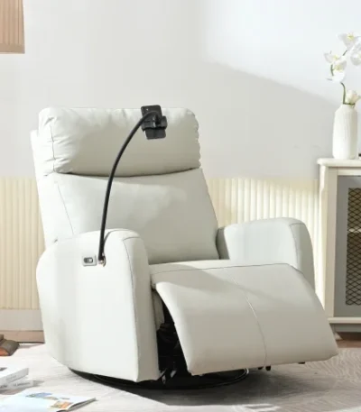 Goldoma light gray electric swivel recliner with USB charging in a living room