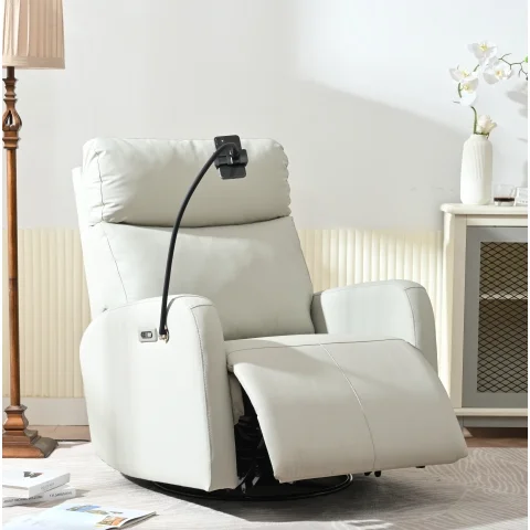 H6fab6260842f4cc293ee6117736366f53.webp Goldoma light gray electric swivel recliner with USB charging in a living room