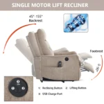 Goldoma khaki chenille power lift recliner with massage and heat, showing the chair in upright position with soft fabric and side USB port