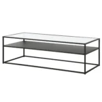 Goldoma 54-inch black glass coffee table with shelf in a modern farmhouse living room setting