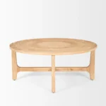 Round coffee table 39 inch natural and white distressed solid wood in a farmhouse living room