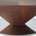 Goldoma modern oval coffee table with stainless steel base and marble wood top in a living room setting