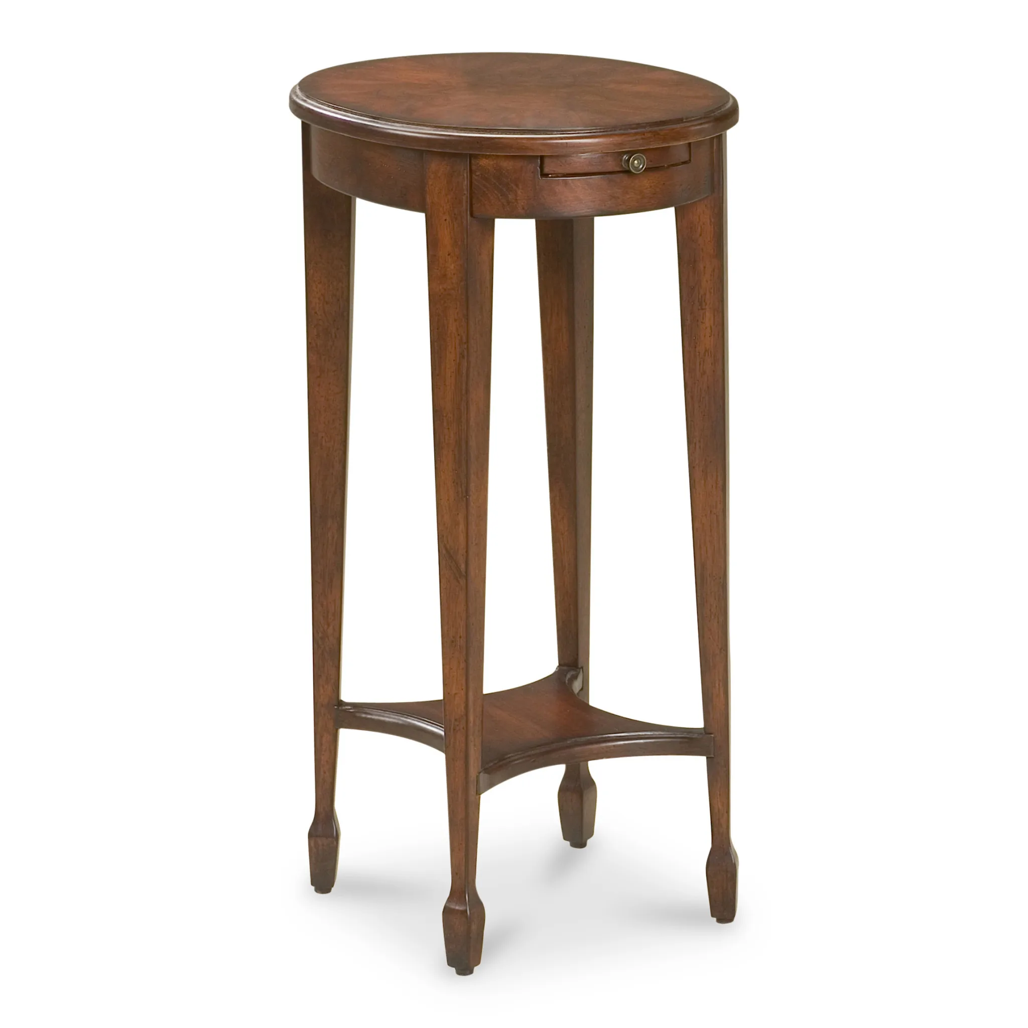 H702045871ec7420789db211c9e498cebS.webp Goldoma 26-inch rustic oval end table with cherry top, dark brown base, and lower shelf for storage