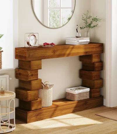 Goldoma solid wood console table with storage and warm natural finish in entryway