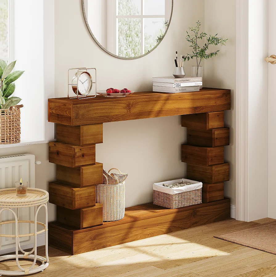 H70541ac0276c4577a47ee43b352d04b5C.webp Goldoma solid wood console table with storage and warm natural finish in entryway