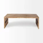 Goldoma 48-inch brown solid wood coffee table with metal accents in a living room, vintage style