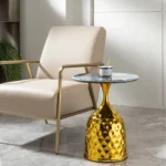 Goldoma modern side table with clear tempered glass top and brushed gold stainless steel frame