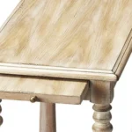 Gray farmhouse end table with shelf in living room