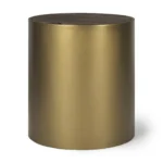 Goldoma 22-inch drum end table with hidden storage, antiqued gold metal base and brown solid wood top in a living room setting