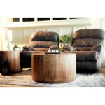 Goldoma 34-inch natural solid wood round coffee table in a modern living room setting