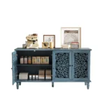60-inch solid wood antique buffet cabinet with floral carvings and antique brass handles in Antique Blue finish