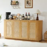 Goldoma 64-inch farmhouse TV stand with rattan doors and push-to-open mechanism in natural wood finish