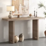 Modern oak veneer console table with distinctive side shapes in entryway