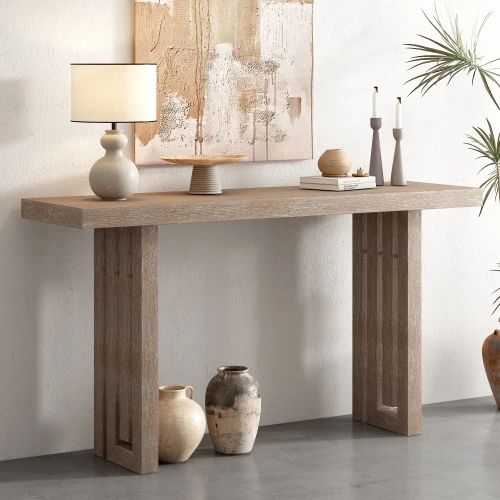 H71b0c97bb2a746bbb9c4f3eb459d50d8K.webp Modern oak veneer console table with distinctive side shapes in entryway