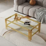Goldoma double layer tempered glass coffee table with gold stainless steel frame in modern living room
