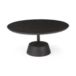 Goldoma 32 inch solid wood coffee table with dark brown acacia top and black iron pedestal base in a modern living room