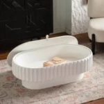 Modern oval fluted storage coffee table with lift-off lid in cream white MDF