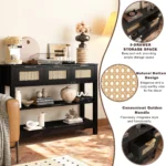 Farmhouse console table with 3 drawers and rattan shelves in entryway
