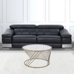 Goldoma 32-inch round tempered glass coffee table with champagne metal base in a modern living room