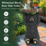 Hand painted black bear side table with faux wood top, perfect as an end table for living room or outdoor use