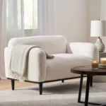 Goldoma 50-inch bouclé loveseat sofa in white upholstery with black wood legs, perfect for small living rooms