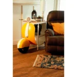 Goldoma scooter side table in yellow, white, and natural wood finish with two shelves