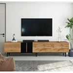 Goldoma modern minimalist TV stand for 80-inch TV in natural wood finish with three pull-down doors