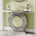 Goldoma silver mirror console table with reflective finish and oak wood construction, perfect for modern living room or hallway decor
