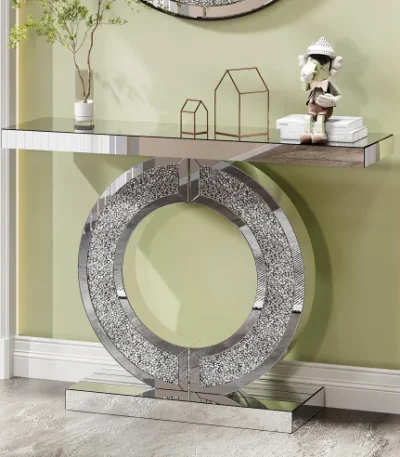 Goldoma silver mirror console table with reflective finish and oak wood construction, perfect for modern living room or hallway decor