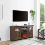 Goldoma mid-century tv stand with 18-inch fireplace insert in rustic barnwood finish, featuring two barn-style doors and adjustable storage shelves.