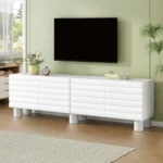 Goldoma 75 inch mid-century TV stand with wavy glass doors and adjustable shelves in cream finish