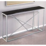 Goldoma 52-inch faux stone console table in black and silver placed in a modern entryway