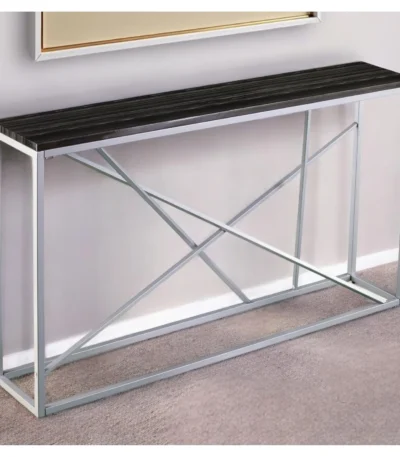 Goldoma 52-inch faux stone console table in black and silver placed in a modern entryway