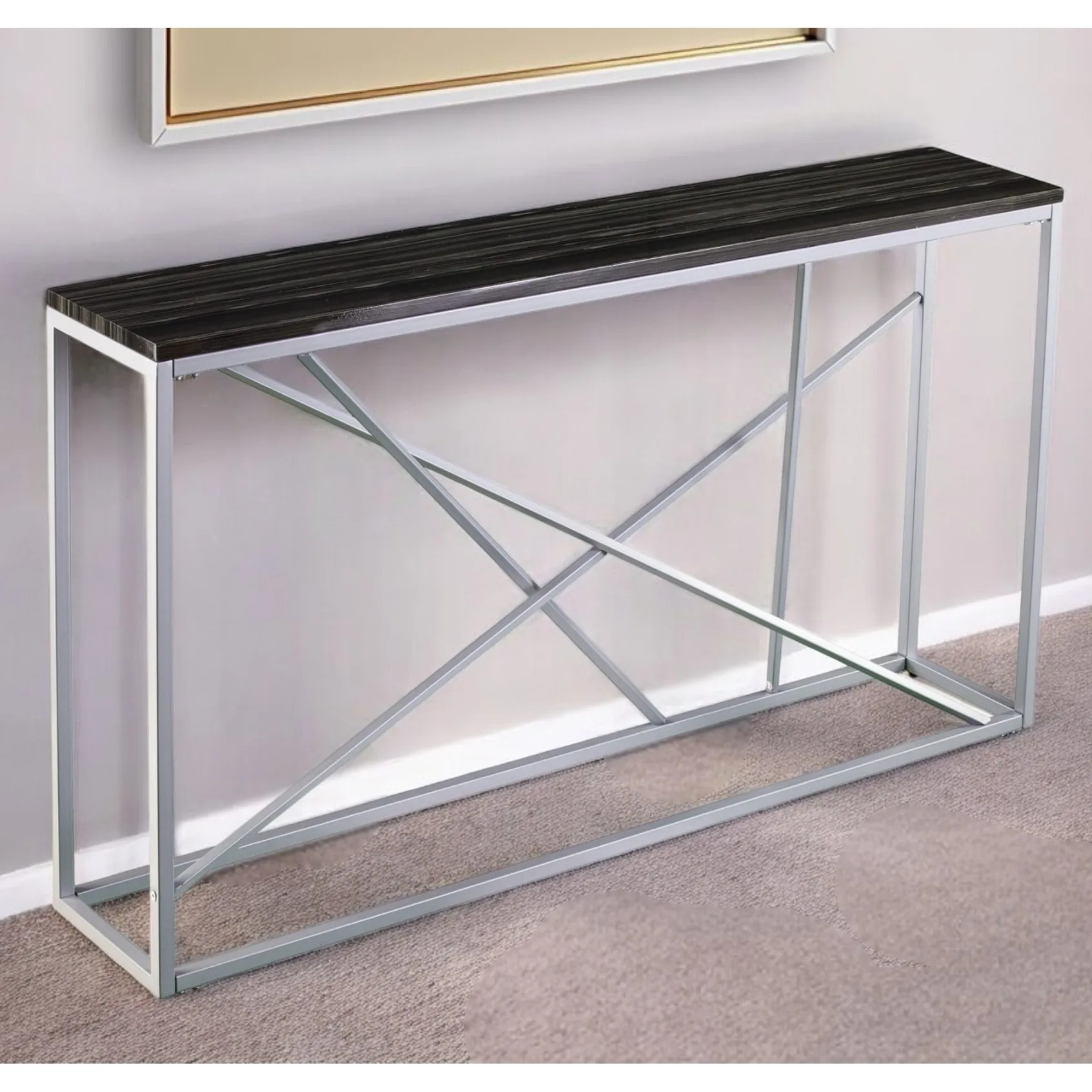 H74d82271be9d4c2983bb0fa0c08fb2b37.webp Goldoma 52-inch faux stone console table in black and silver placed in a modern entryway