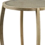 Goldoma 26-inch round end table with clear glass top and brown wood base in a living room setting