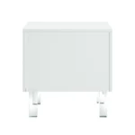 Clear acrylic end table with two drawers and white lacquered top in living room setting
