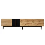 Goldoma modern minimalist TV stand for 80-inch TV in natural wood finish with three pull-down doors