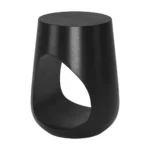 Goldoma black solid wood round end table with geometric cutout in a modern living room