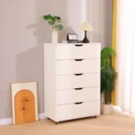 White solid wood 5-drawer dresser with adjustable height and wheels from Goldoma