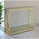 Goldoma 42-inch clear and gold glass console table with mirrored accent in a modern living room