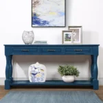 Goldoma 63-inch mid-century console table with three drawers and shelf in navy blue, solid wood entryway sofa table