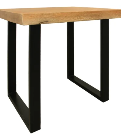 24-inch square end table with natural distressed solid wood top and black iron base against a neutral wall