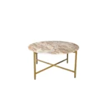 Goldoma 32 inch round genuine marble coffee table with brown marble top and gold metal base in living room setting
