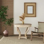 Eco-friendly modern solid wood small dining table with curved legs and natural finish