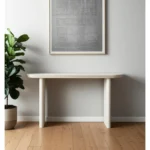 Goldoma 60-inch solid pine wood oval console table with natural finish in a living room setting