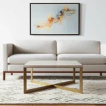 HMS 34" Beige Wood and Metal Square Coffee Table Movable Living Room Furniture for Home Office and Dining Use