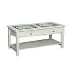 Goldoma 44-inch off-white glass and metal rectangular coffee table in a modern living room