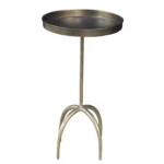 Distressed brass pedestal end table with round raised tray top and iron construction, perfect as accent side table for living room