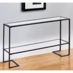 Goldoma 52 inch contemporary sled console table with clear glass top and black mirrored shelves in an entryway