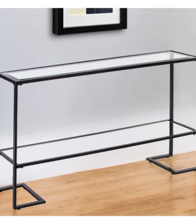 Goldoma 52 inch contemporary sled console table with clear glass top and black mirrored shelves in an entryway